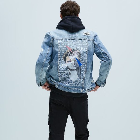 SOLD NWT Zara Man Painted Grafitti Sherpa Denim Jacket - Picture 1 of 7